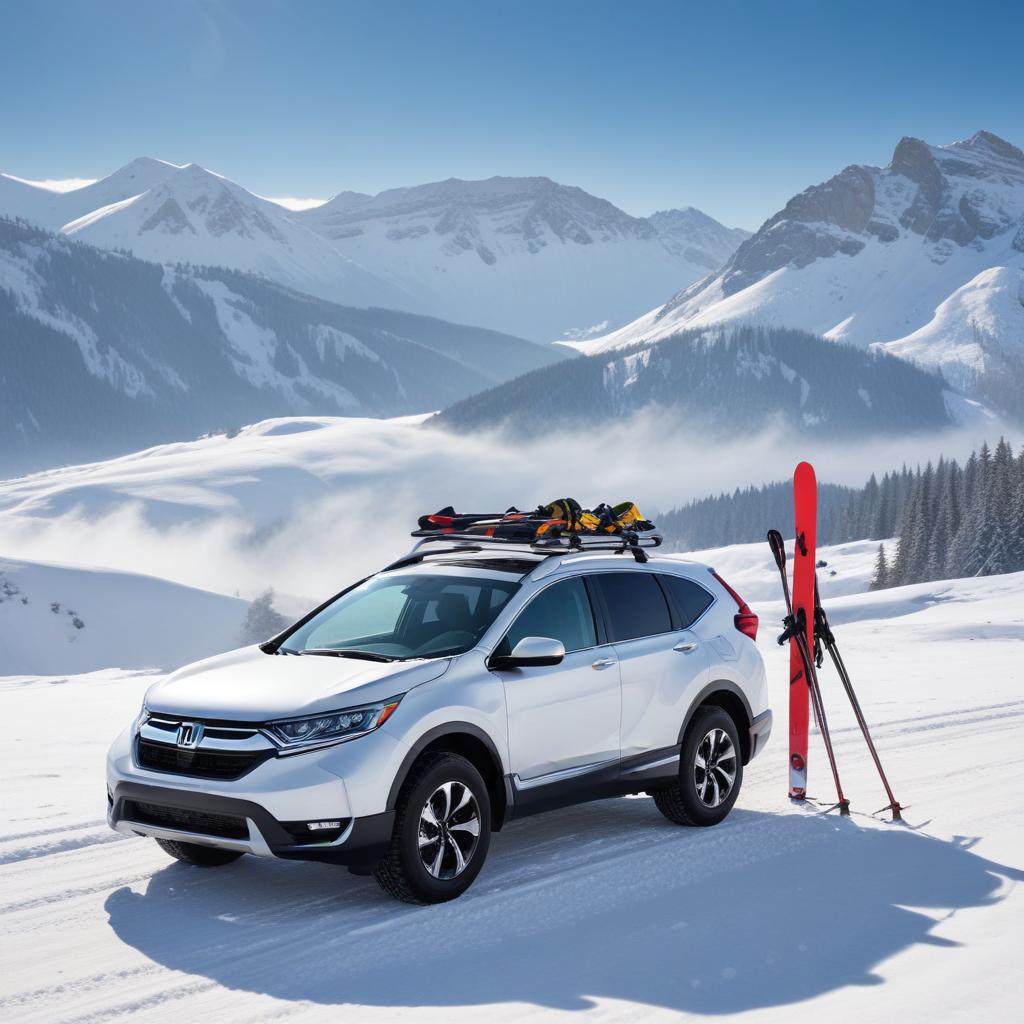 A Honda CRV equipped with a winter sports roof carrier in a snowy landscape