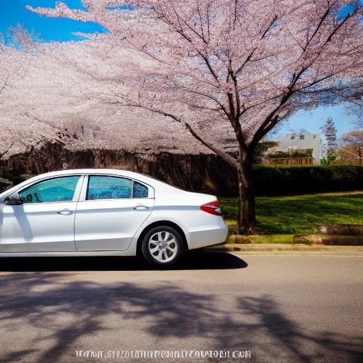 A classic white midsize sedan parked on a scenic spring street.