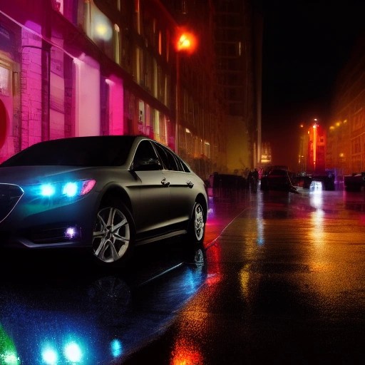 A dark grey midsize sedan parked on a rain slicked city street at night.