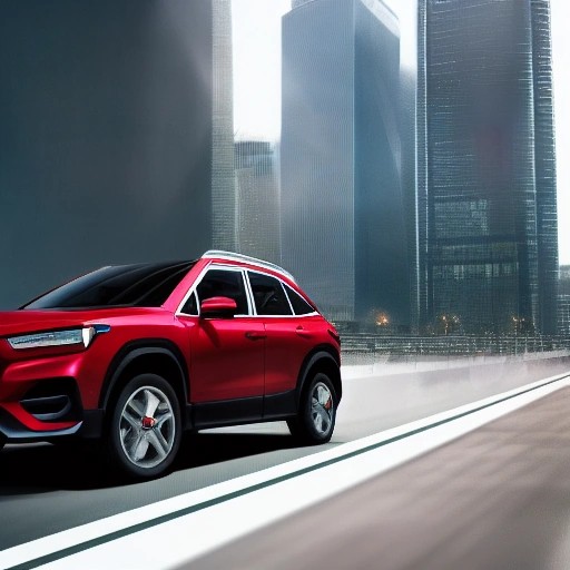 A red compact crossover SUV driving down a modern city highway.