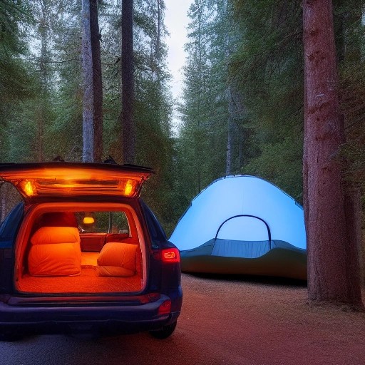 Comfortable car camping air mattress setup in an SUV cargo trunk