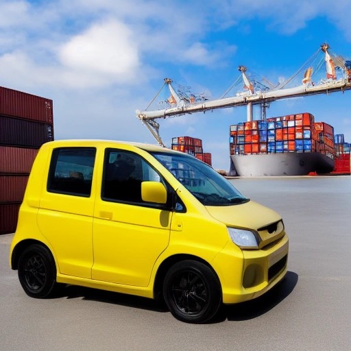 A classic yellow Japanese imported kei car parked in front of shipping containers.
