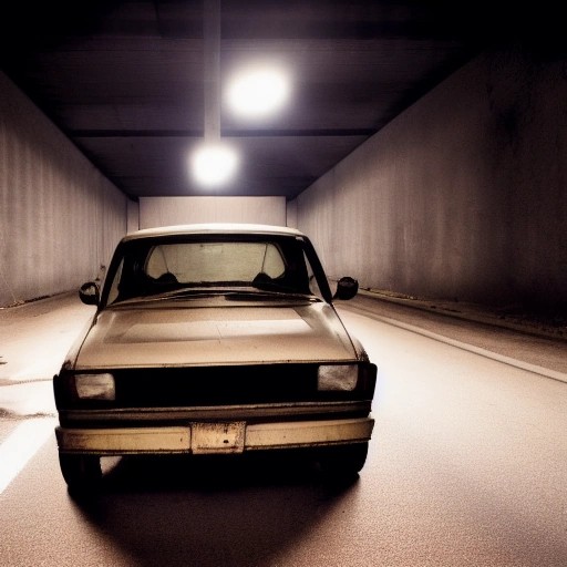 Track inspired street car parked beneath urban highway structures