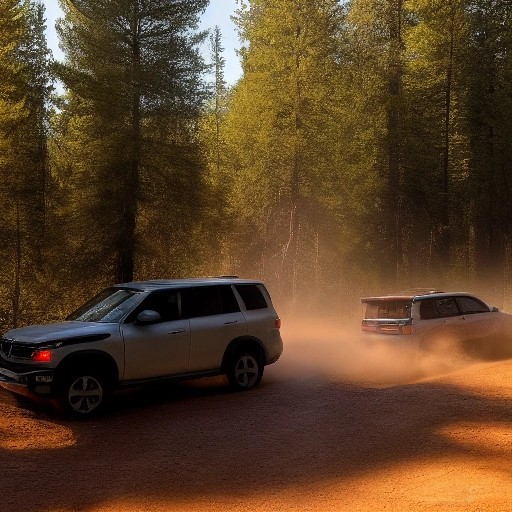 Two utility vehicles traversing a dusty dirt trail in a forest.