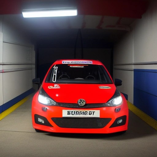 Endurance race car inside a bright pit lane garage