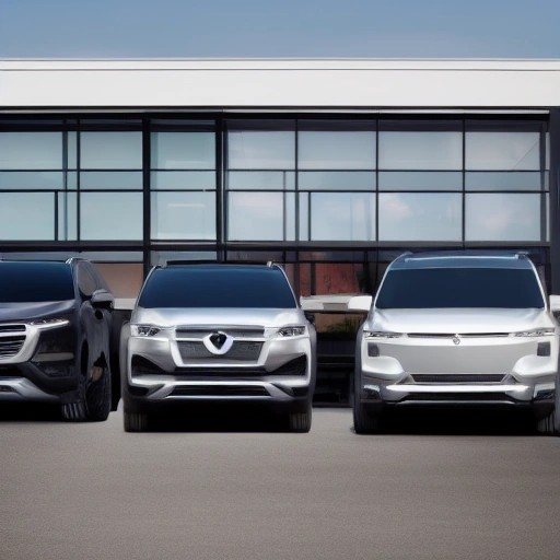 A row of new compact SUVs parked outside a modern dealership showroom.