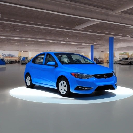 Pre owned blue compact sedan on display inside a showroom