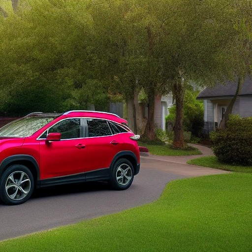 Red compact crossover utility vehicle on a street