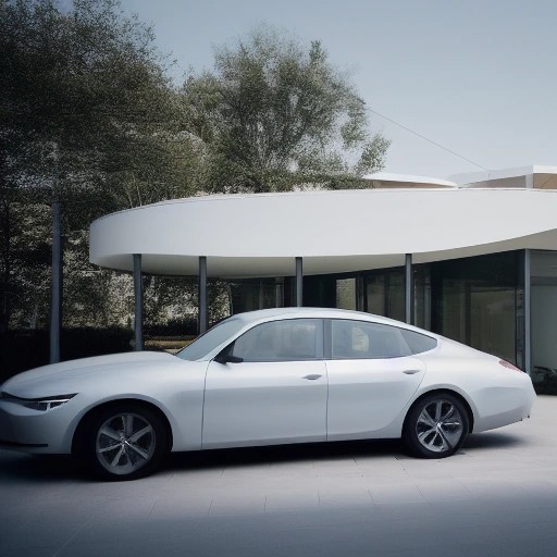 A modern redesigned fastback sedan inside a minimalist glass pavilion.